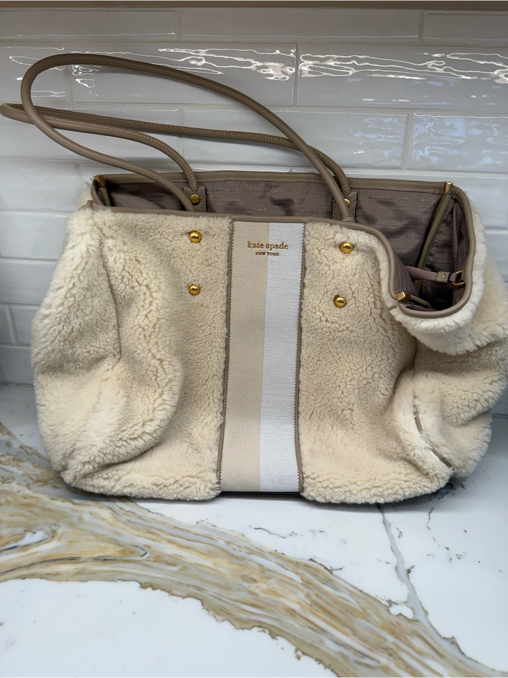 Kate Spade Everything Racing Stripe Faux Shearling Large Tote - Cream Multi